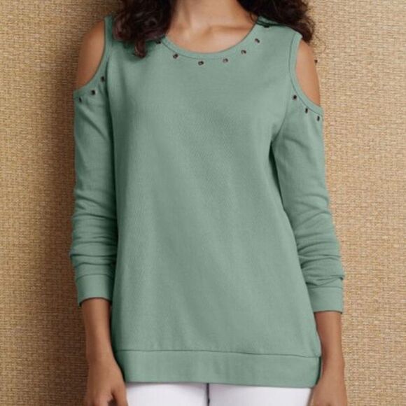 Soft Surroundings Sz L Milano Top Granite Green - Cold Shoulder, Grommets - Picture 1 of 15